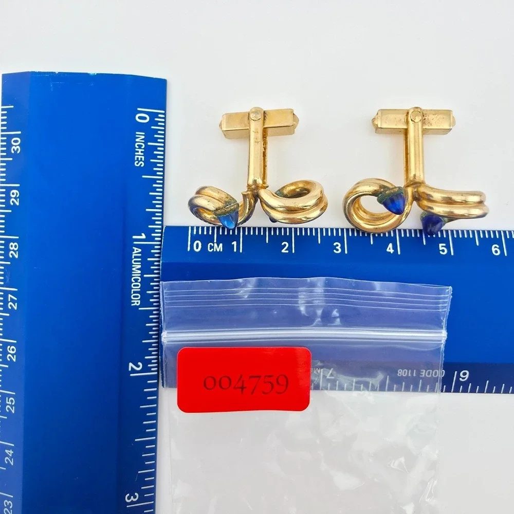 Vtg 80 Yr Old Swirled Cufflinks Blue Glass Accents Swirling Knot Gold Plate